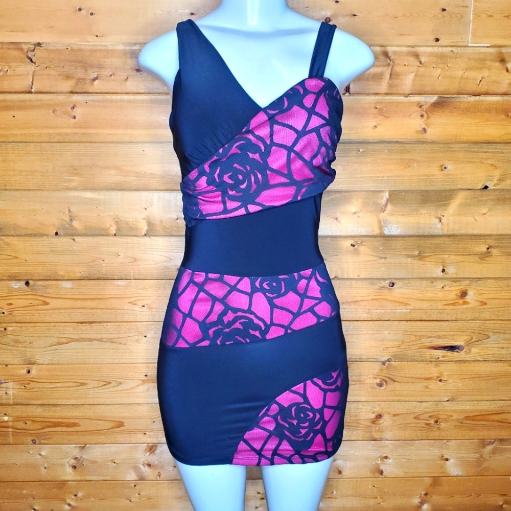 Linda U.S.A. black & pink dress bodycon spaghetti straps stretch flowers…